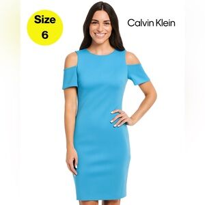 CALVIN KLEIN 🩵 Sky Blue Sheath Dress, Cold Shoulder Sleeves 🩵 (Size 6)